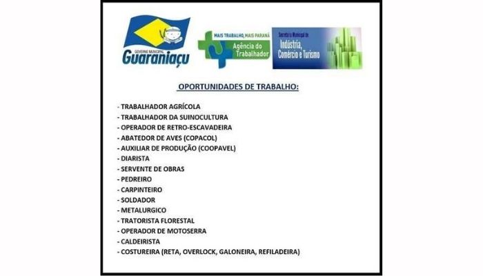 Guaraniaçu - Agência do Trabalhador oferece vagas de emprego
